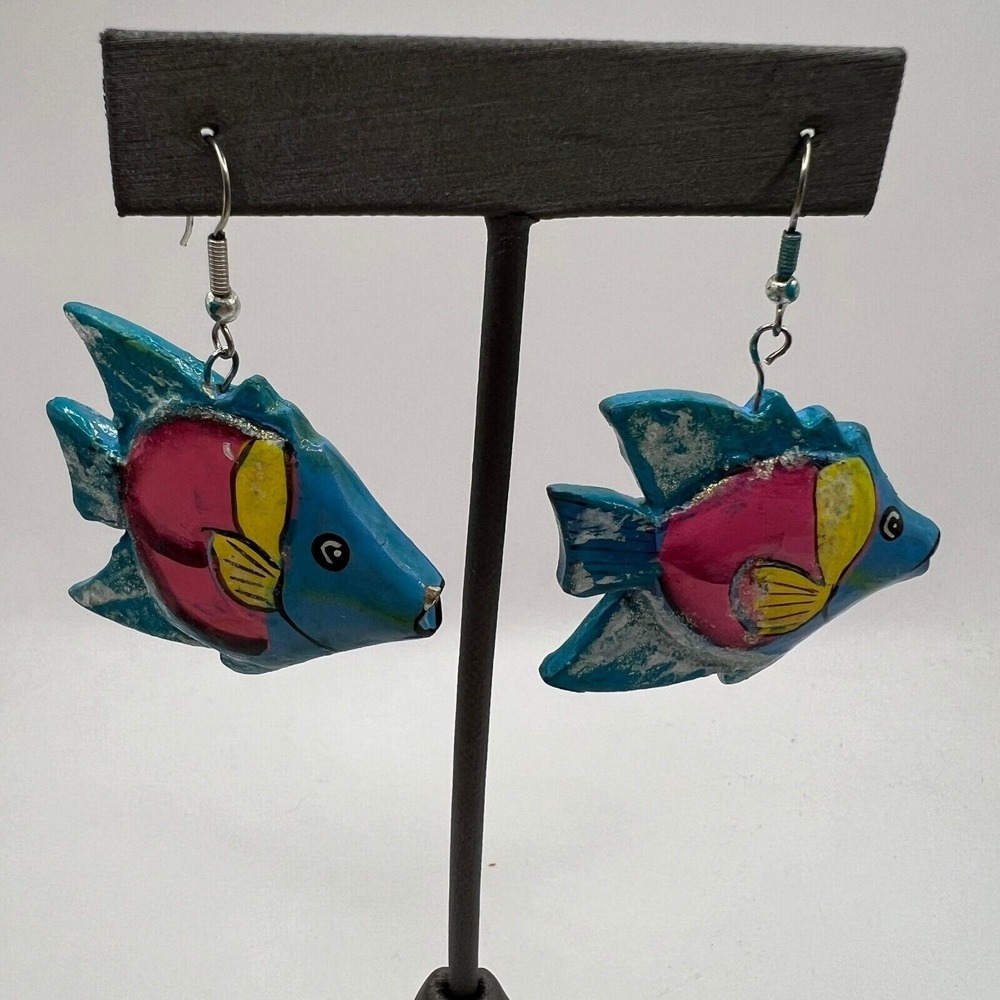Artisan Fish Pierced Earrings Blue Hand Painted Wood Dangle Drop
